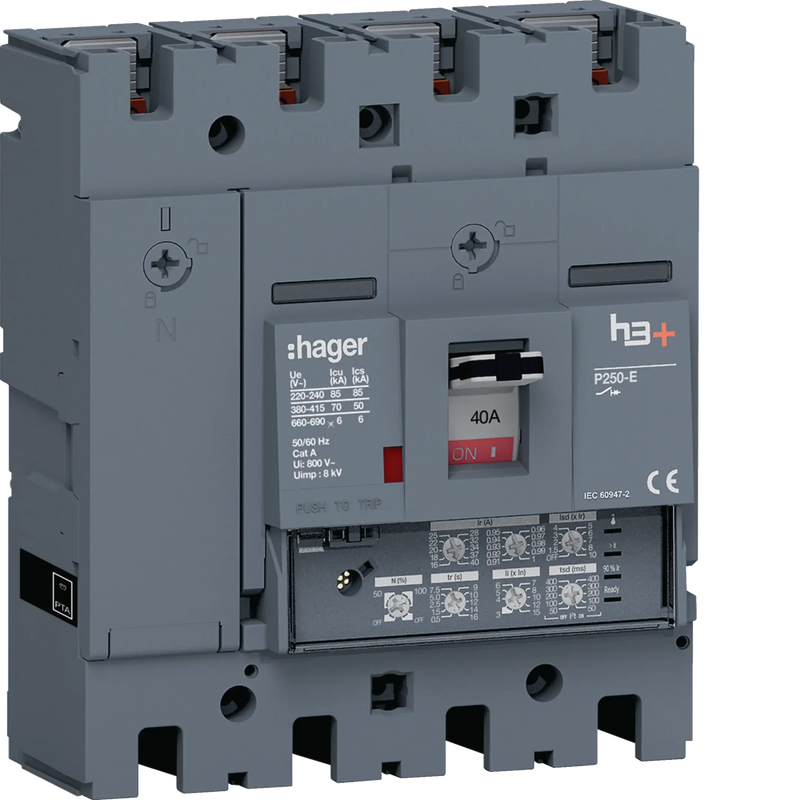 Leistungsschalter h3+ P250 LSI 4P4D N0-50-100% 40A 70kA FTC | Hager