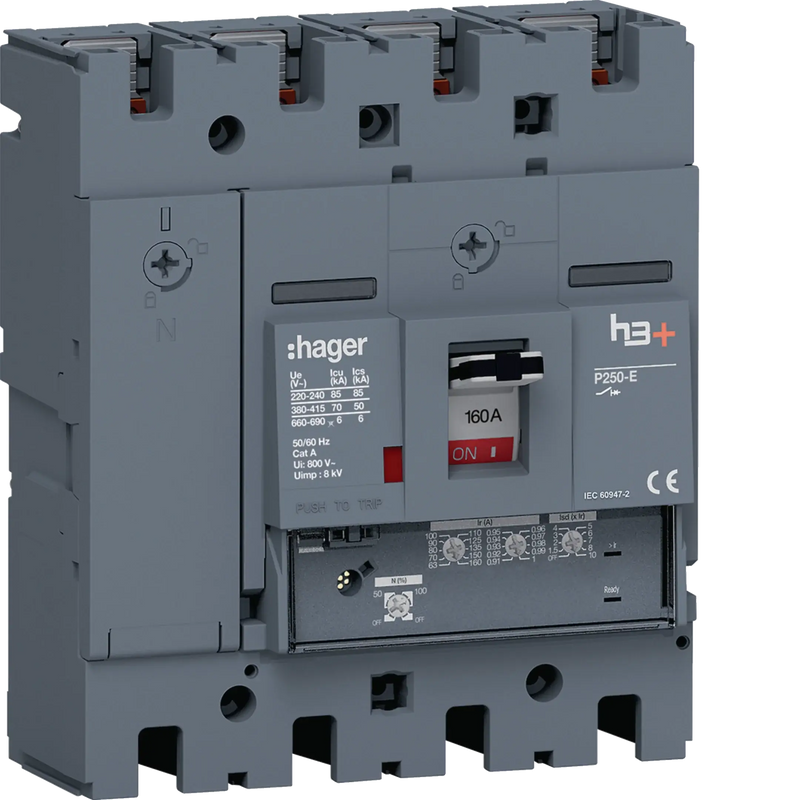 Leistungsschalter h3+ P250 LSnI 4P4D N0-50-100% 160A 70kA FTC | Hager