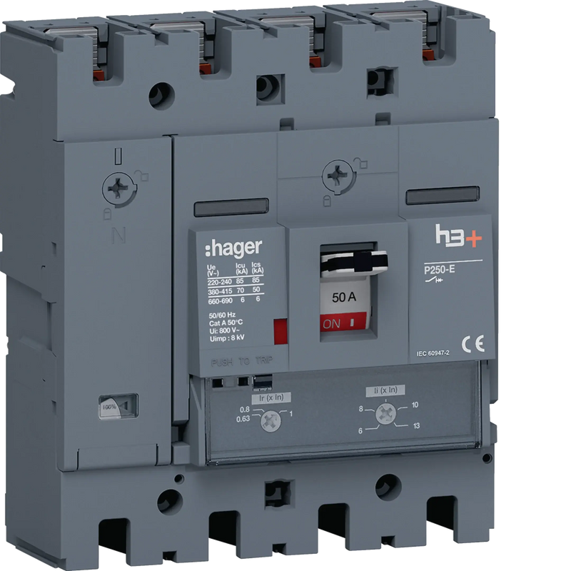 Leistungsschalter h3+ P250 TM ADJ 4P4D N0-100% 50A 70kA FTC | Hager