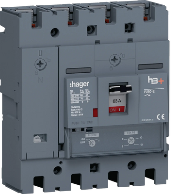 Leistungsschalter h3+ P250 TM ADJ 4P4D N0-100% 63A 70kA FTC | Hager