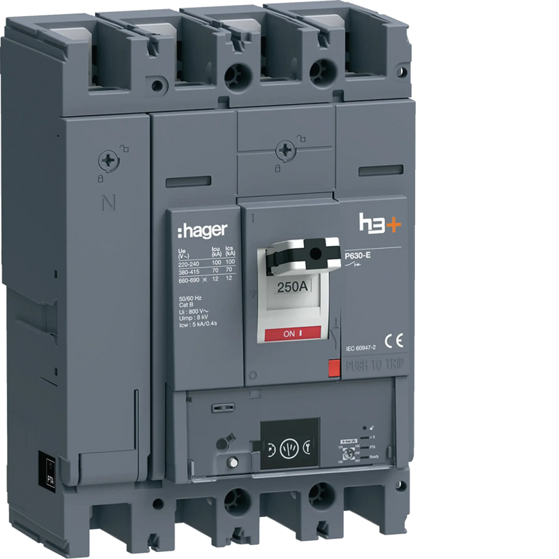 Leistungsschalter h3+ P630 Energy 4P4D N0-50-100% 250A 70kA FTC | Hager