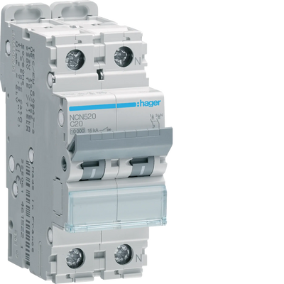 Leitungsschutzschalter 1P+N 10kA/15kA C-20A 2M | Hager
