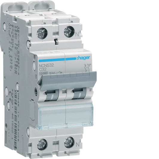 Leitungsschutzschalter 1P+N 10kA/15kA C-32A 2M | Hager