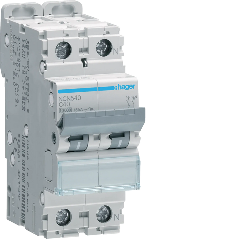 Leitungsschutzschalter 1P+N 10kA/15kA C-40A 2M | Hager