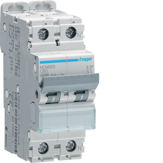 Leitungsschutzschalter 1P+N 10kA/15kA C-63A 2M | Hager