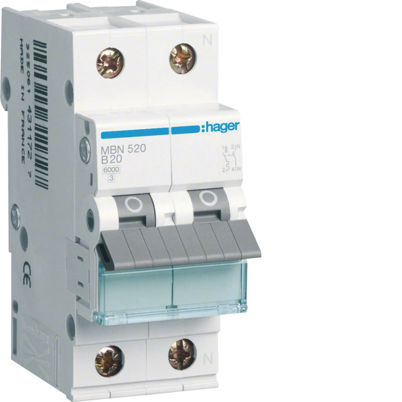Leitungsschutzschalter 1P+N 6kA B-Charakteristik 20A 2 Module | Hager