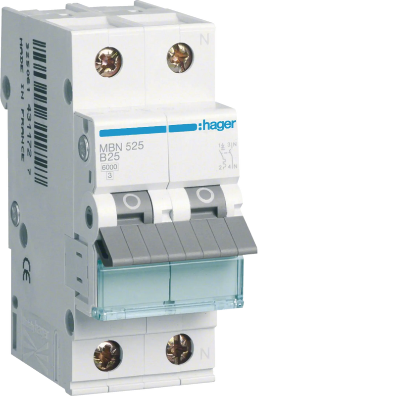 Leitungsschutzschalter 1P+N 6kA B-Charakteristik 25A 2 Module | Hager