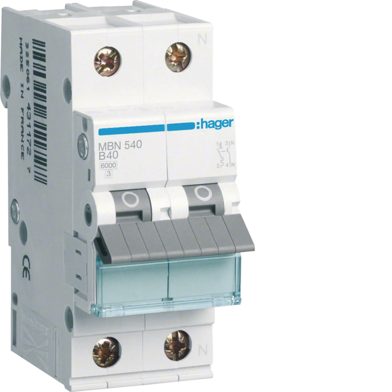 Leitungsschutzschalter 1P+N 6kA B-Charakteristik 40A 2 Module | Hager