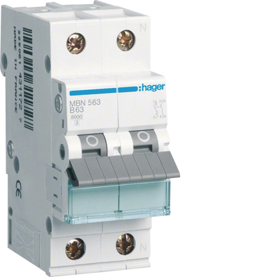 Leitungsschutzschalter 1P+N 6kA B-Charakteristik 63A 2 Module | Hager