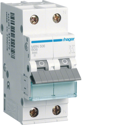 Leitungsschutzschalter 1P+N 6kA B-Charakteristik 6A 2 Module | Hager