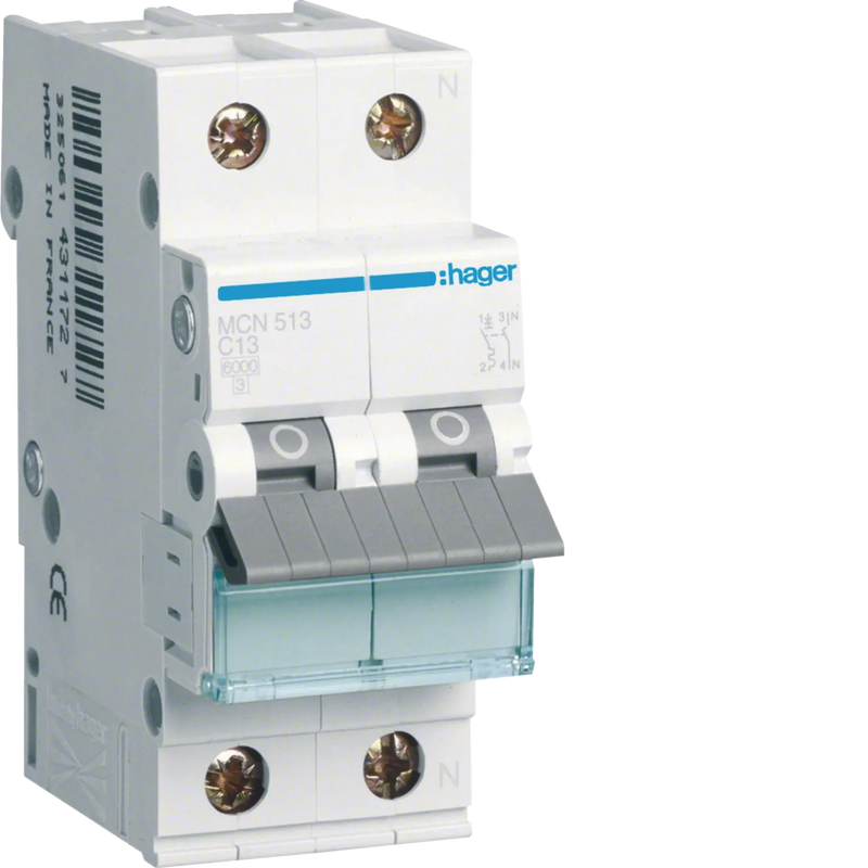 Leitungsschutzschalter 1P+N 6kA C-Charakteristik 13A 2 Module | Hager