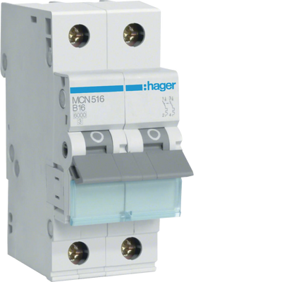 Leitungsschutzschalter 1P+N 6kA C-Charakteristik 16A 2 Module | Hager