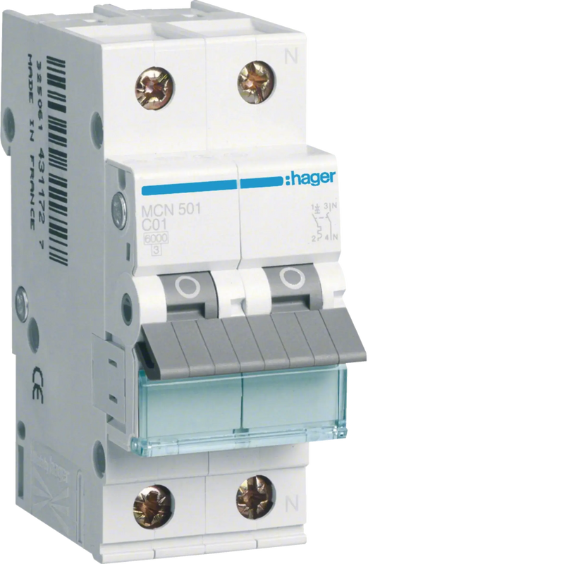 Leitungsschutzschalter 1P+N 6kA C-Charakteristik 1A 2 Module | Hager