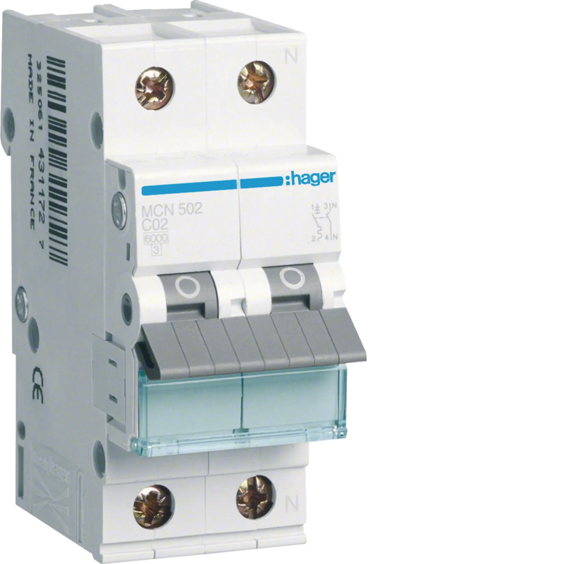 Leitungsschutzschalter 1P+N 6kA C-Charakteristik 2A 2 Module | Hager