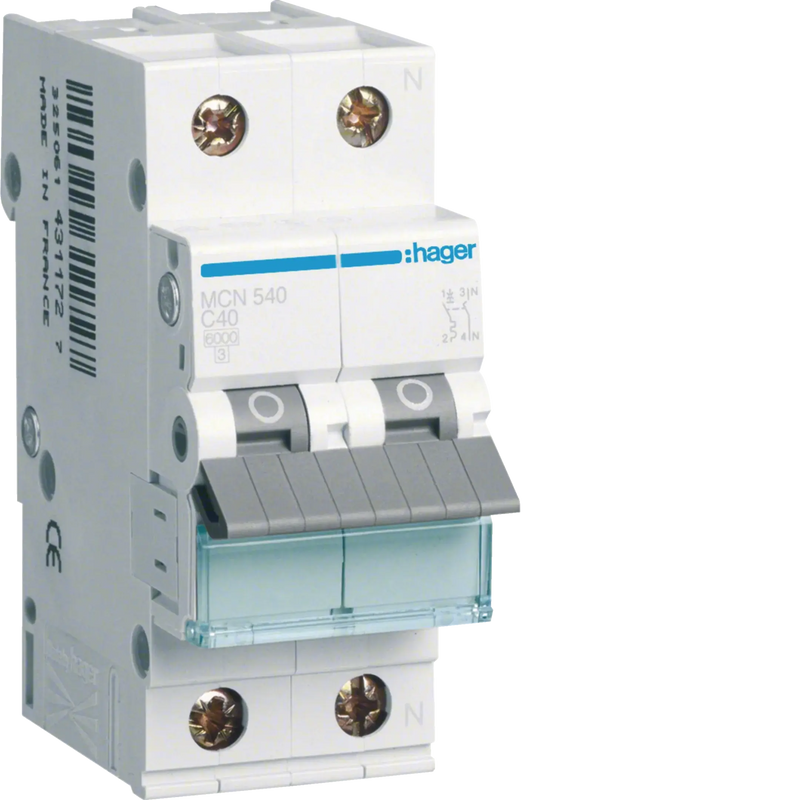 Leitungsschutzschalter 1P+N 6kA C-Charakteristik 40A 2 Module | Hager