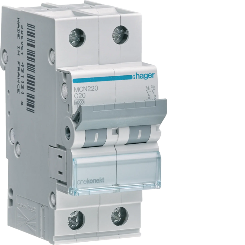 Leitungsschutzschalter 2 polig 6kA C-Charakteristik 20A 2 Module | Hager