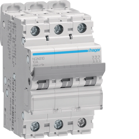 Leitungsschutzschalter 3 polig 25kA B-Charakteristik 10A 3 Module | Hager