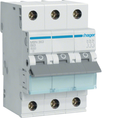 Leitungsschutzschalter 3 polig 6kA B-Charakteristik 63A 3 Module | Hager