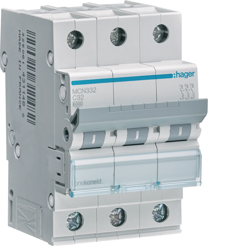 Leitungsschutzschalter 3 polig 6kA C-Charakteristik 32A 3 Module | Hager