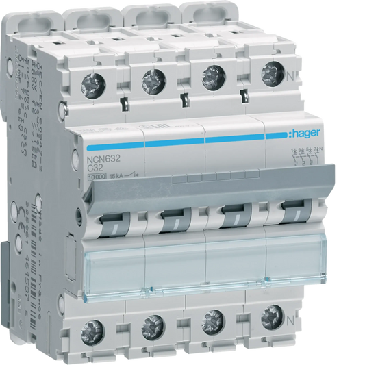 Leitungsschutzschalter 3P+N 10kA/15kA C-32A 4M | Hager