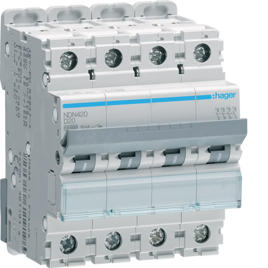 Leitungsschutzschalter 4 polig 10kA/15kA D-20A 4M | Hager