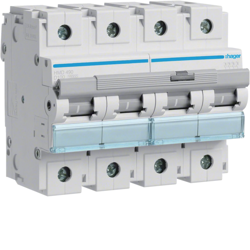 Leitungsschutzschalter 4 polig 15kA D-Charakteristik 100A 6 Module | Hager