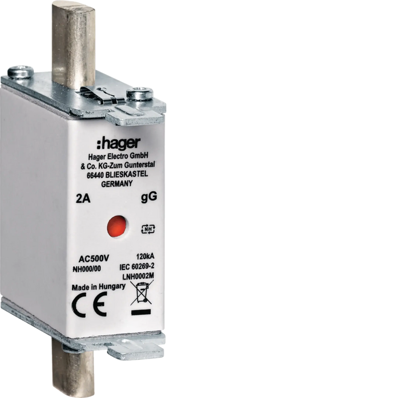 NH-Sicherungseinsatz NH000 2A gG AC500V Kombimelder Lasche  spannungsführend | Hager