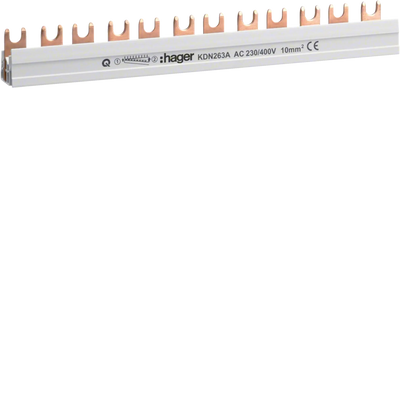 Phasenschiene 2 polig mit Gabelanschluss 10mm² 63A 12 Module | Hager