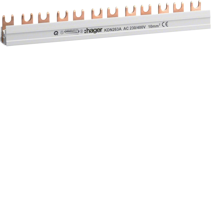 Phasenschiene 2 polig mit Gabelanschluss 10mm² 63A 12 Module | Hager