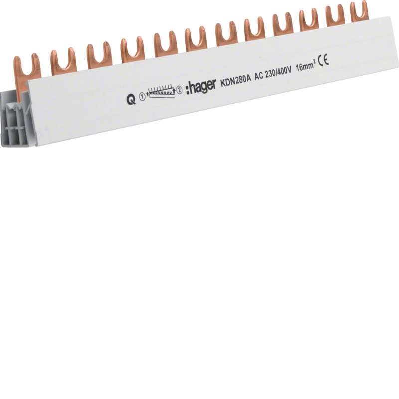 Phasenschiene 2 polig mit Gabelanschluss 16mm² 80A 12 Module | Hager