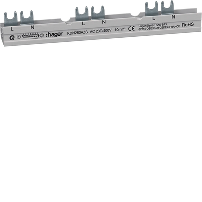 Phasenschiene 2P Gabelanschluss 10 mm² für ARFxxxD mit Hilfsschalter 10 Module | Hager