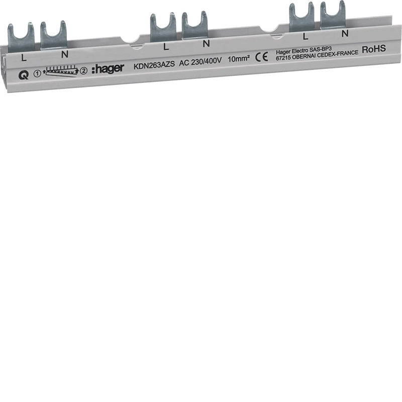 Phasenschiene 2P Gabelanschluss 10 mm² für ARFxxxD mit Hilfsschalter 10 Module | Hager