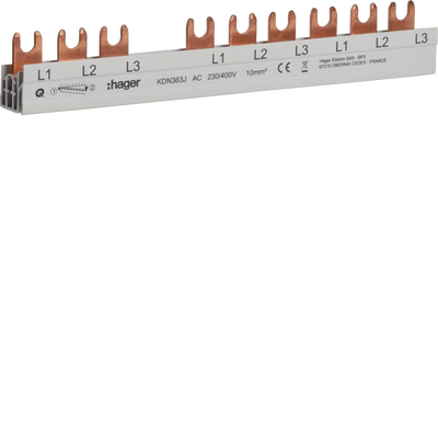 Phasenschiene 3 polig mit Gabelanschluss 10mm² 63A 10 Module | Hager