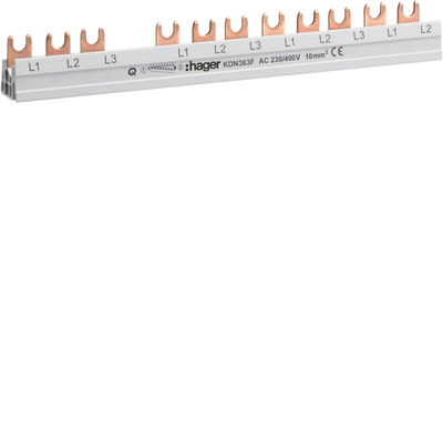 Phasenschiene 3 polig mit Gabelanschluss 10mm² 63A 12 Module | Hager