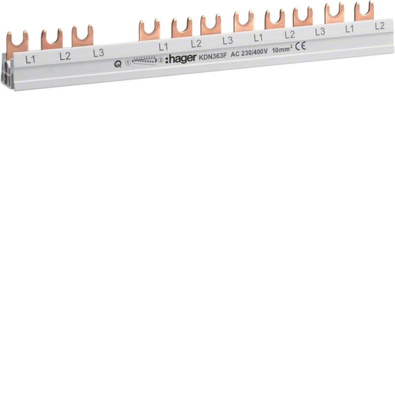 Phasenschiene 3 polig mit Gabelanschluss 10mm² 63A 12 Module | Hager
