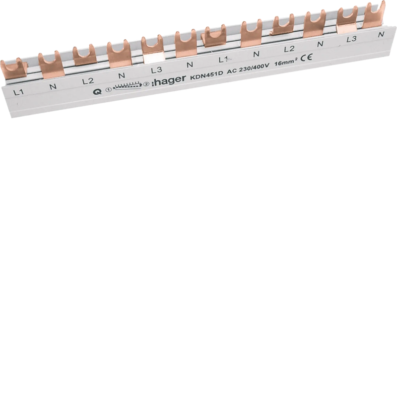 Phasenschiene 3 polig+N mit Gabelanschluss 16mm² 80A 12 Module | Hager