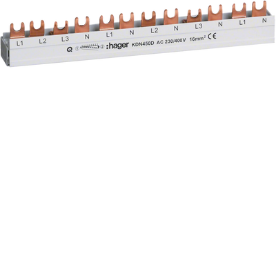 Phasenschiene 3P+N 80A Gabel 16mm² 12M für 3P+N Einspeisung u. 1P+N Abgänge | Hager