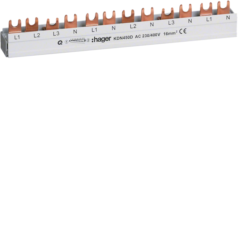 Phasenschiene 3P+N 80A Gabel 16mm² 12M für 3P+N Einspeisung u. 1P+N Abgänge | Hager