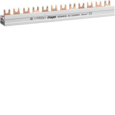 Phasenschiene 4 polig mit Gabelanschluss 10mm² 63A 12 Module | Hager