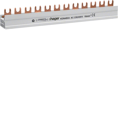 Phasenschiene 4 polig mit Gabelanschluss 16mm² 80A 12 Module | Hager
