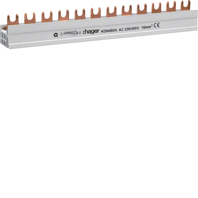 Phasenschiene 4 polig mit Gabelanschluss 16mm² 80A 12 Module | Hager