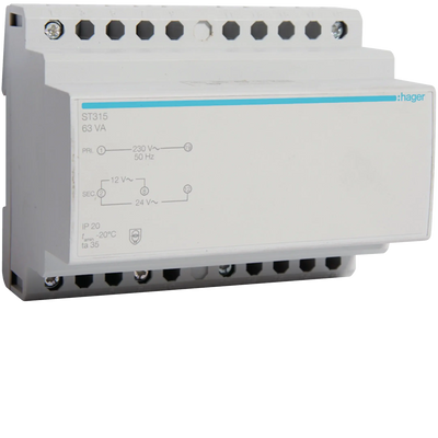 Sicherheitstrafo 230V / 12V und 24V 63VA 6PLE | Hager