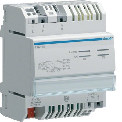 Spannungsversorgung KNX mit 1 Ausg. inkl. Drossel 320mA + 1 Ausg. 24VDC, 640mA | Hager