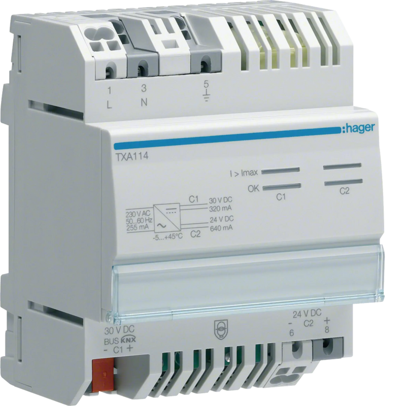 Spannungsversorgung KNX mit 1 Ausg. inkl. Drossel 320mA + 1 Ausg. 24VDC, 640mA | Hager