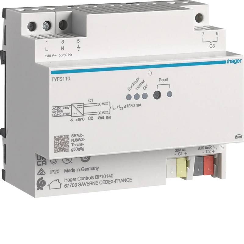 Spannungsversorgung KNX mit 2 Ausgängen inkl. 1 Drossel, 1280 mA | Hager