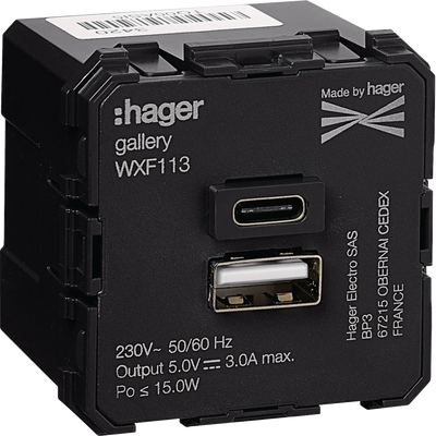 USB-Ladegerät Typ A+C, 230V~ 50/60Hz, 2 Modulbreiten 45x45 mm | Hager