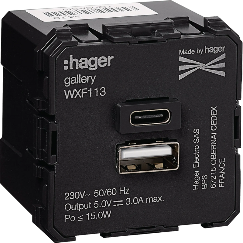 USB-Ladegerät Typ A+C, 230V~ 50/60Hz, 2 Modulbreiten 45x45 mm | Hager