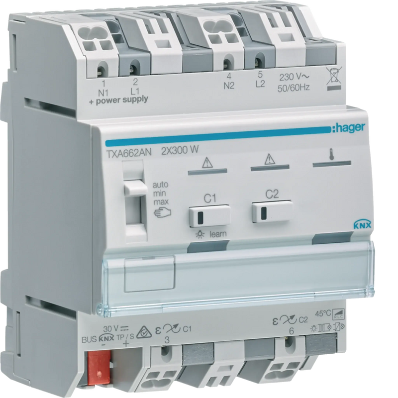 Universal-Dimmaktor 2-fach KNX easy, 2x300W, ESL/LED, kombinierbar | Hager