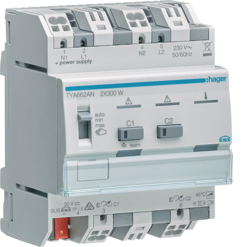 Universal-Dimmaktor 2-fach KNX, 2x300W, ESL/LED, kombinierbar | Hager